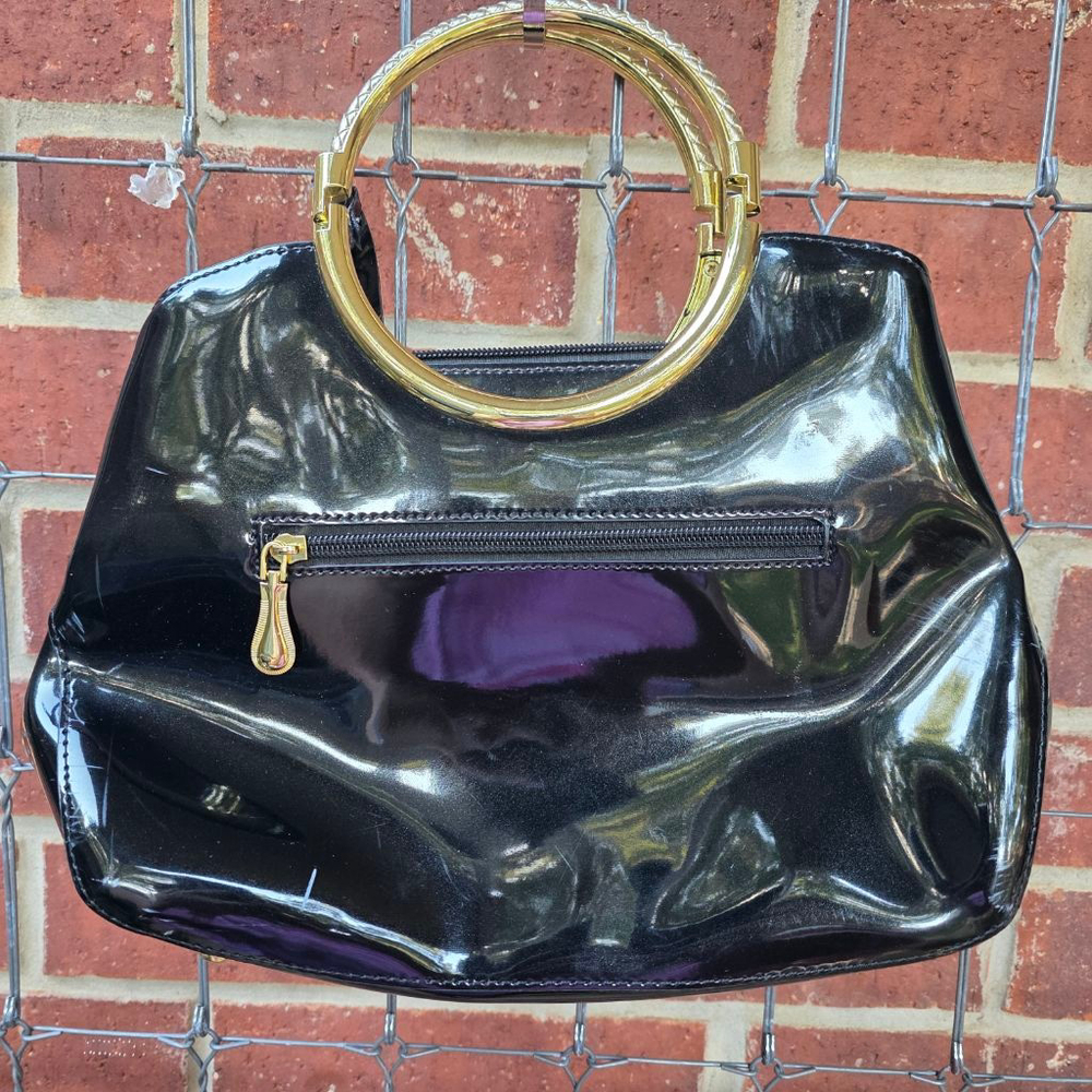 Women's Retro Unbranded Black Patent Gold‎ Handle Satchel Handbag One Size